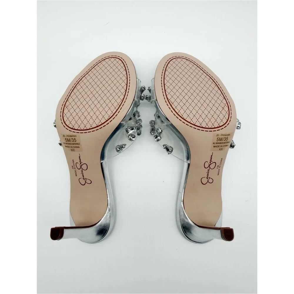 Jessica Simpson Primana Crystal Clear Stiletto Slide Mule Sandals Silver 5 NEW